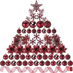 Sratte 94 Pcs Christmas Tree Decorations Set, Christmas Tree Ball Ornaments Glitter Poinsettia Flowers Decorations Glitter Berries Stems for Xmas Holiday Wedding(Burgundy)