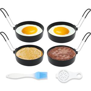 Stainless Steel Egg Rings for Frying Eggs4 Pack - 3.5" Round Non Stick Griddle Rings with Oil Brush, Egg Sandwich/Pancake/Cooking Molds, Breakfast Maker Accessories & Egg Separator