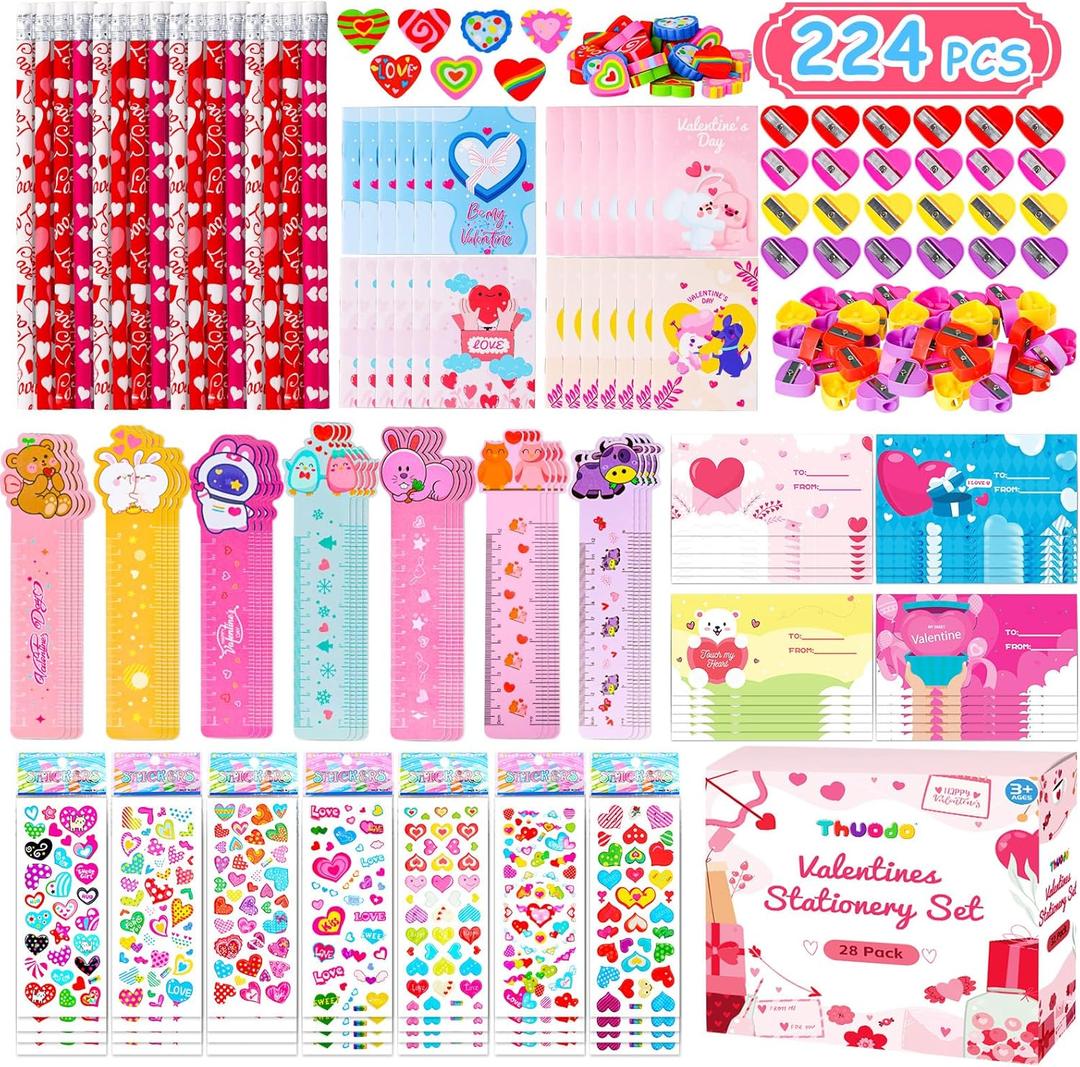 28 Pack Valentines Day Stationery Set for Kids Valentines Day Gift Card School Classroom Exchange Gifts Party Favors Supplies