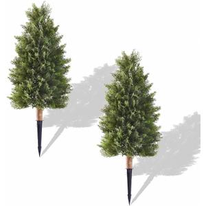 35" Artificial Cedar Topiary Ball Trees Set, 2 Pack Faux Cypress Plants UV Resistant Pine Shrubs Fake Bushes for Outdoor Indoor Front Porch Garden