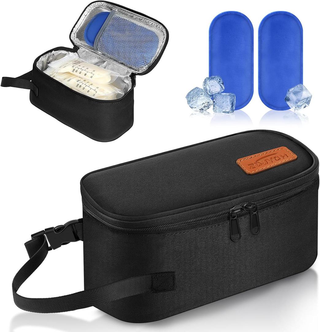 Breast Milk Cooler Travel Bag with Ice Packs - Small Portable Insulated Bag for Frozen Breastmilk - TSA Approved, Fits 5-7 Narrow Storage Bags (3-5oz), Fits Inside Diaper Bag (Black)