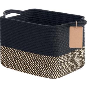 Goodpick Woven Storage Basket for Shelves, Small Wicker Baskets for Shoes,Towel, Toy Baskets Storage Kids, Empty Gift Basket with Handles, 13 x 10 x 9 Inches (Black Jute)