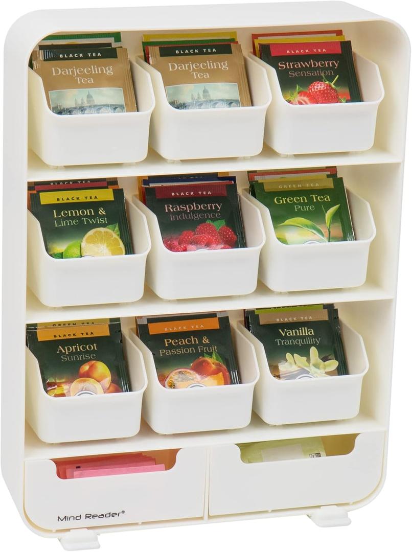Mind Reader Bag, Tea Station Organizer Countertop Storage, Kitchen, Plastic, 10.25"L x 3.25"W x 13.75"H, White