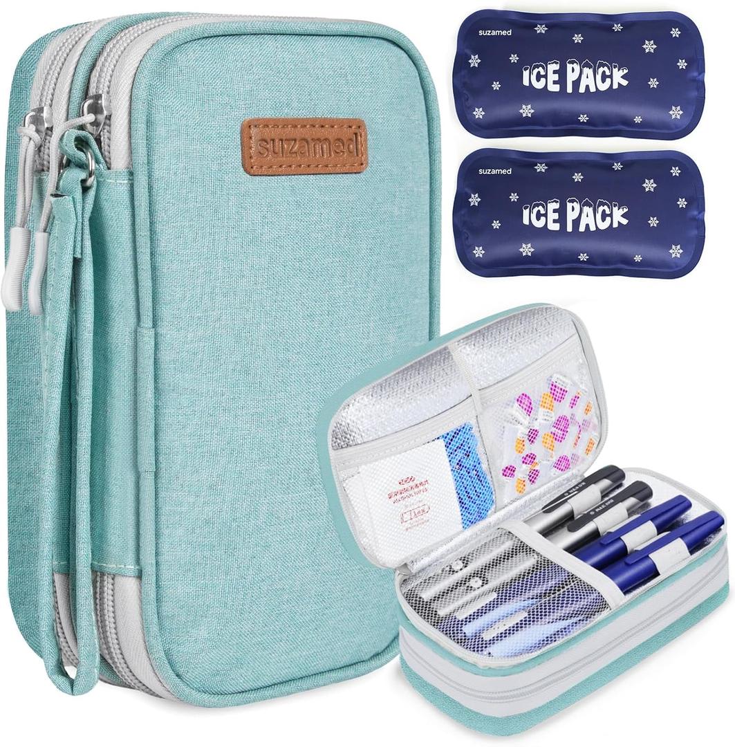 Insulin Cooler Travel Case, Double Layer Medicine Kit Diabetes Travel Case, Portable Medicine Organizer with 2Pack 150g Ice Pack TSA Approved for Insulin Pens Diabetic Supplies (Green)
