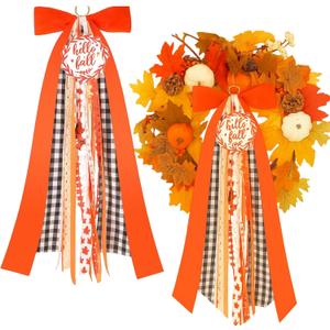 2 Pcs Large Fall Wreath Sashes for Front Door 23.6'' Happy Harvest Ribbon Bundle for Wreath with Bows, Bells & Signs Thanksgiving Assorted Ribbon Bow for Autumn Yard Porch Decoration(Fall)