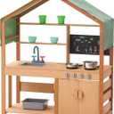 VEVOR Mud Kitchen for Kids Outdoor, Wooden Mud Kitchen Set with Canopy, Mud Kitchen for Kids Outdoor Backyard with Stoves, Planter Boxes, 2 Sink, Faucet, Blackboard, Cookware Pot, 40‘’ x 16‘’ x 50‘’