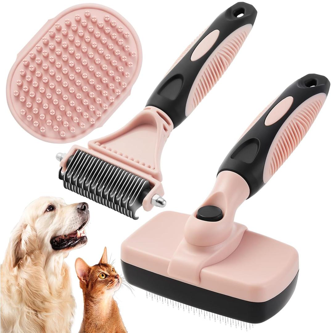 XAQMHSW 3PCS Cat & Dog Brush Set: Slicker & Deshedding Brush, Dematting Comb, and Bath Brush  Premium Grooming Tools for Shedding & Tangle-Free Fur (Pink)