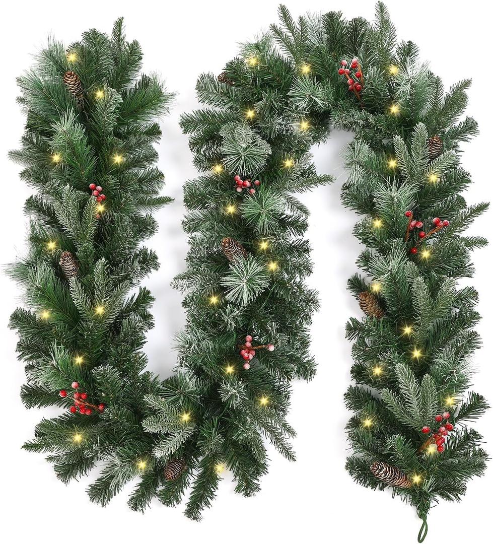 9FT Christmas Garland with Pine Cones, Prelit Christmas Garland Greenery Outdoor Lighted Pine Garland, Mantle Garland Christmas Holiday Decoration Indoor (Berries, 9ft)