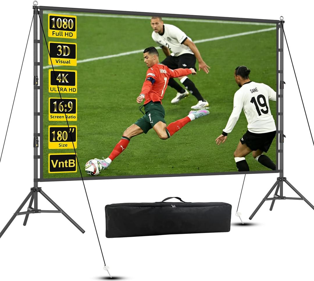 Projector Screen and Stand, 180 inch Outdoor Projection Screen 15 FT Large Portable Movie Screen Wrinkle-Free 16:9 4K Rear Front Foldable Washable with Carry Bag for Backyard Theater Movie Night