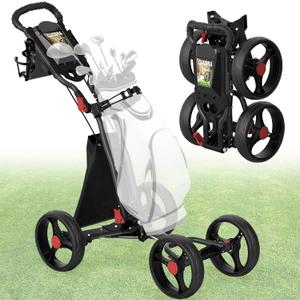 CruiseMaster V8 Golf Push Cart, 1-Click Folding Design 4-Wheel Design, 300 lbs Load Capacity, 10" Durable Wheels, Large Storage, Cup Holder & Cooler Bag Included