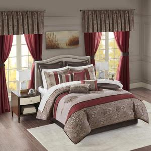 Madison Park Essentials Delaney 24-Piece Room In A Bag Comforter Set-Satin Jacquard, All Season Luxury Bedding, Sheets, decorative pillows and Curtains, Valance, King(104"x92"), Medallion Red