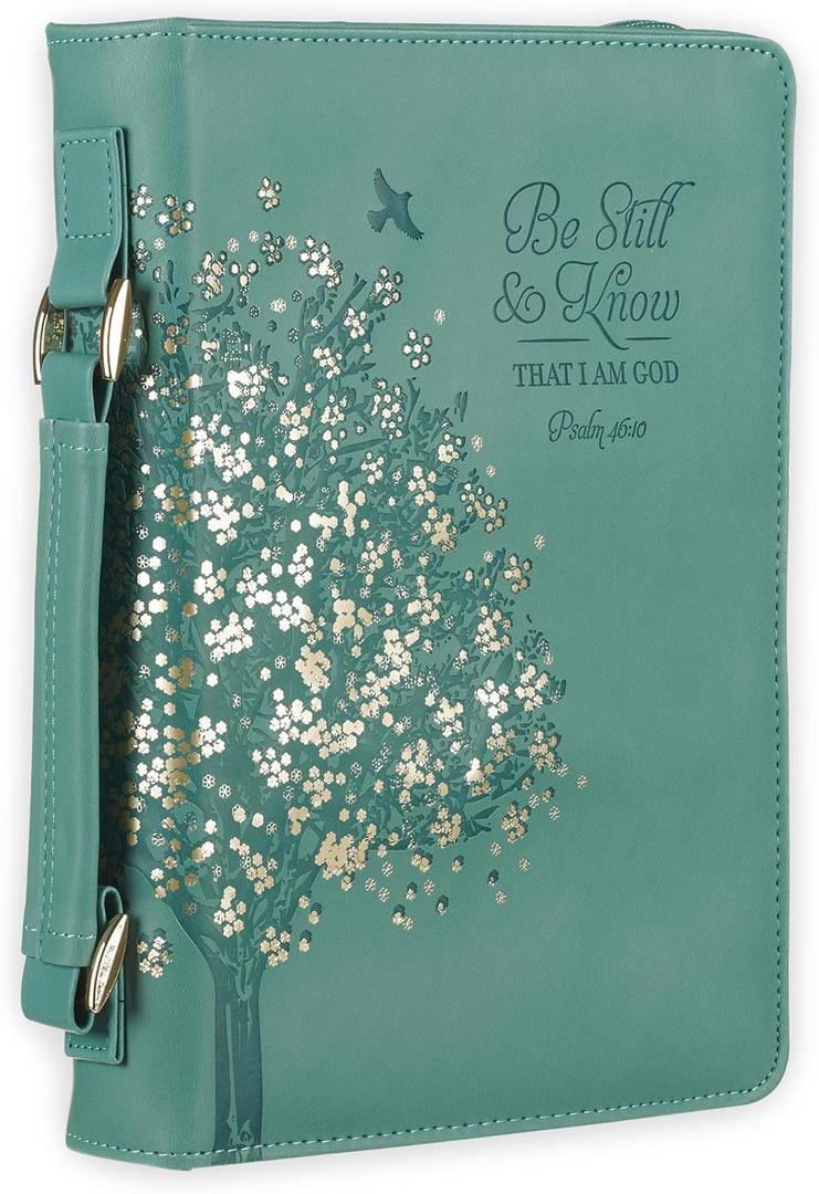 Christian Art Gifts Fashion Vegan Leather Bible Cover for Women: Be Still & Know Inspirational Bible Verse, Teal Floral, Medium