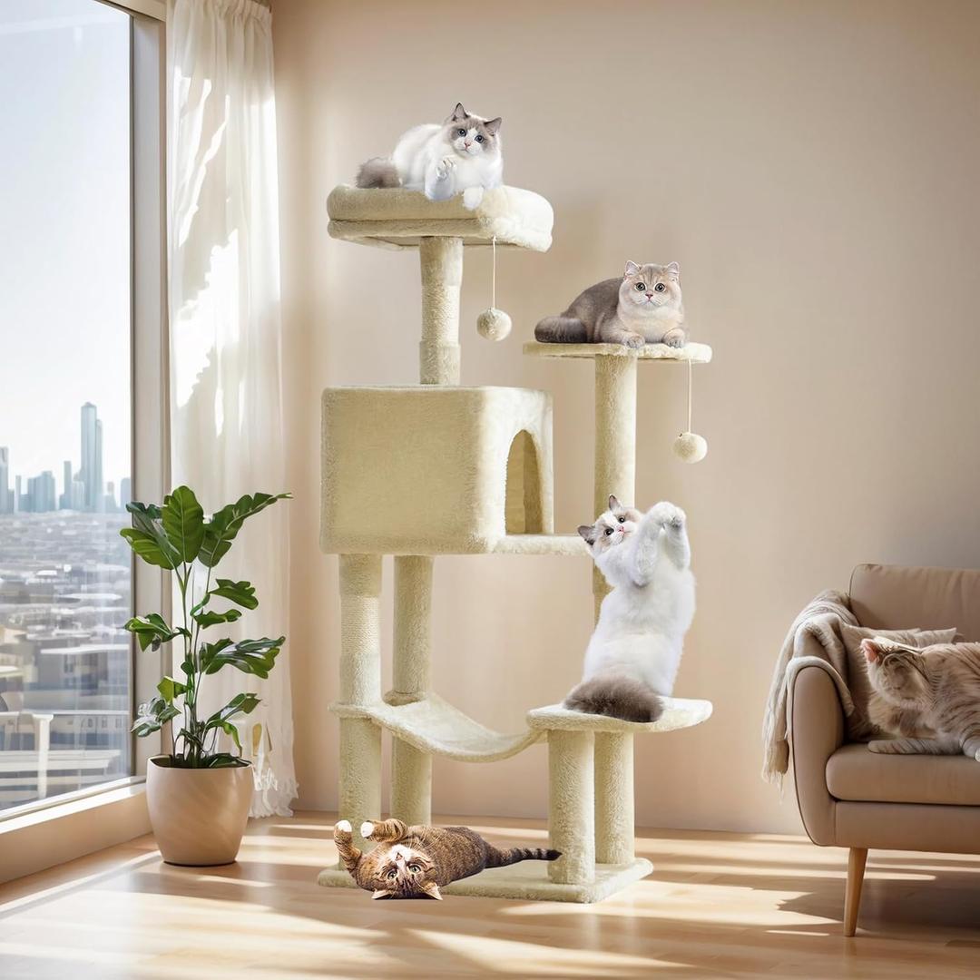 Sweetcrispy 44 Inch Cat Tree Tower, Cat Climbing Tower with Natural Sisal Scratching Posts, Hammock, Pet Condo for Indoor Cats and Kittens Play, Beige