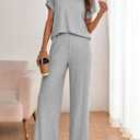 Women's Casual Two Piece Set Crewneck Short Sleeve Ribbed Knit Tops Wide Leg Lounge Outfits (Gray, S)
