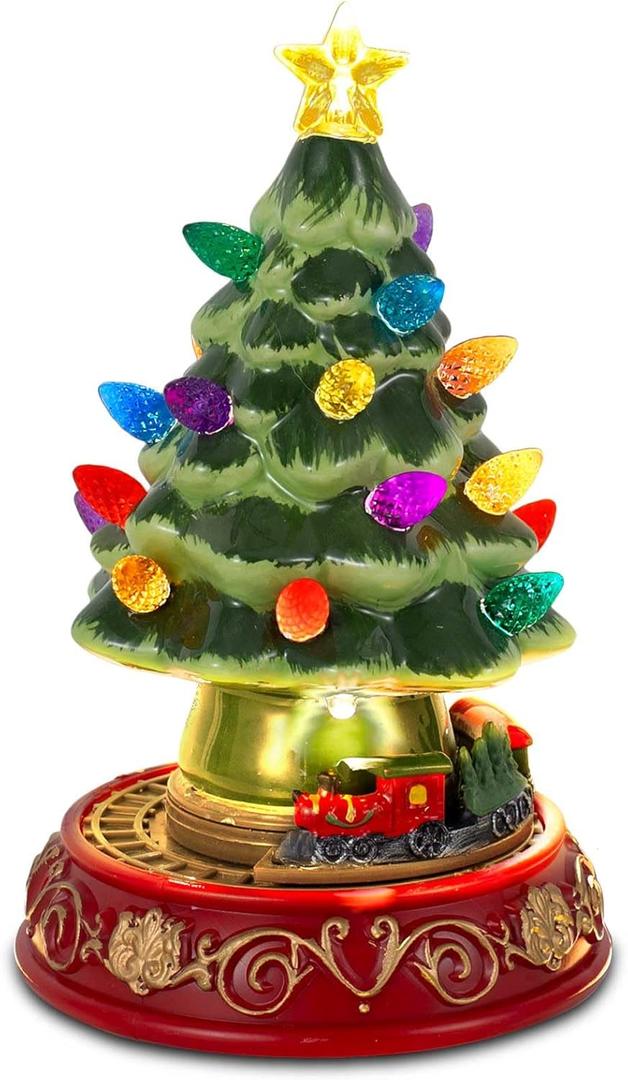 innodept12 Lighted Christmas Tree with Rotating Train - Prelit Tabletop Ceramic Small Tree Decor Animated Christmas Train with Top Star & Bulbs for Best Xmas Decoration