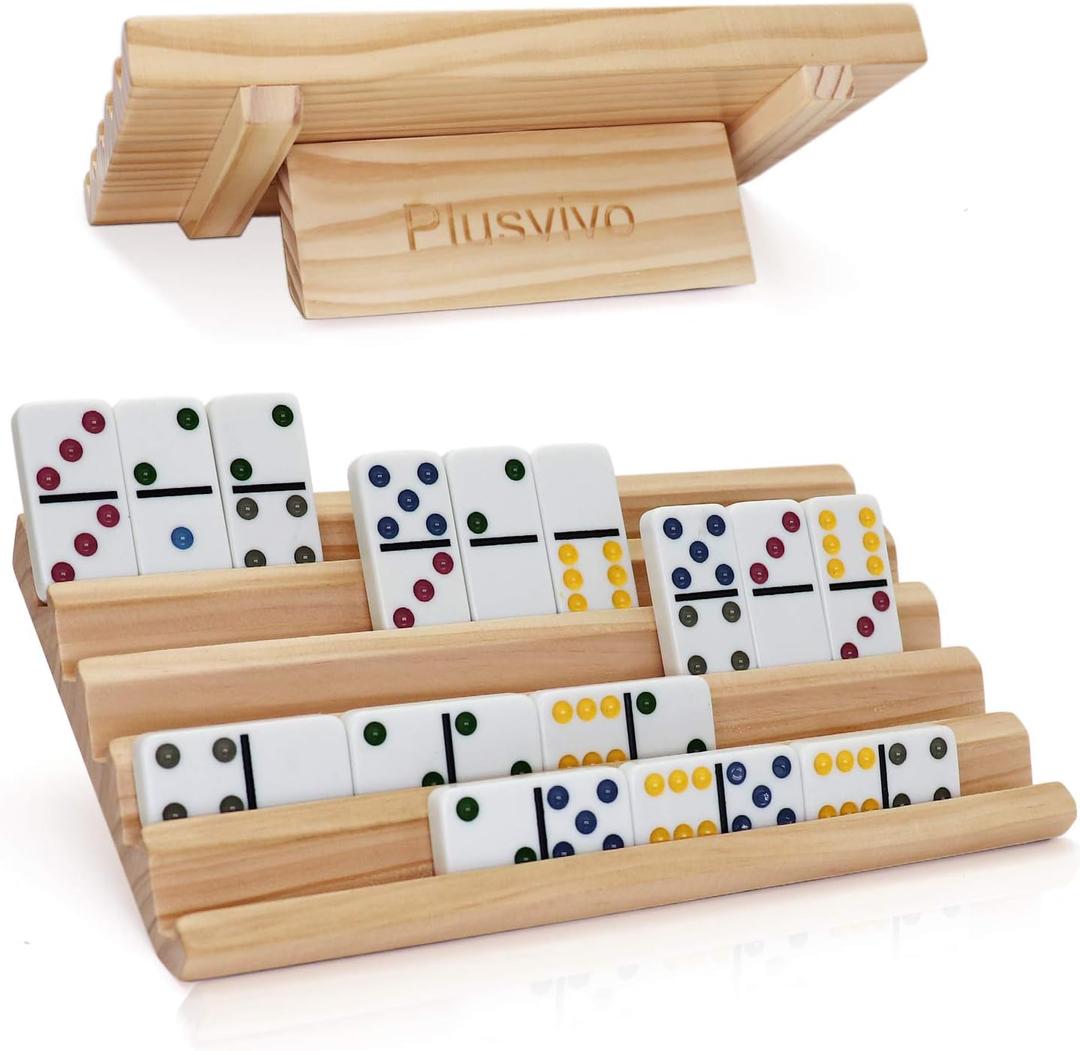 Plusvivo Domino Racks Set of 2, Wooden Domino Trays Holders Organizer for Mexican Train and Other Dominoes Games 10 x 5.5 x 0.79 Inches - Dominoes NOT Included