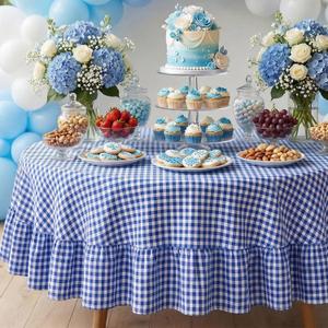 Mindsoft Blue Gingham Ruffled Tablecloth 70 x 70 Inches Round Cotton Linen Checkered Table Cloth Buffalo Plaid Farmhouse Vintage Decorative Tablecover for Picnic Kitchen Dining Room Home Party