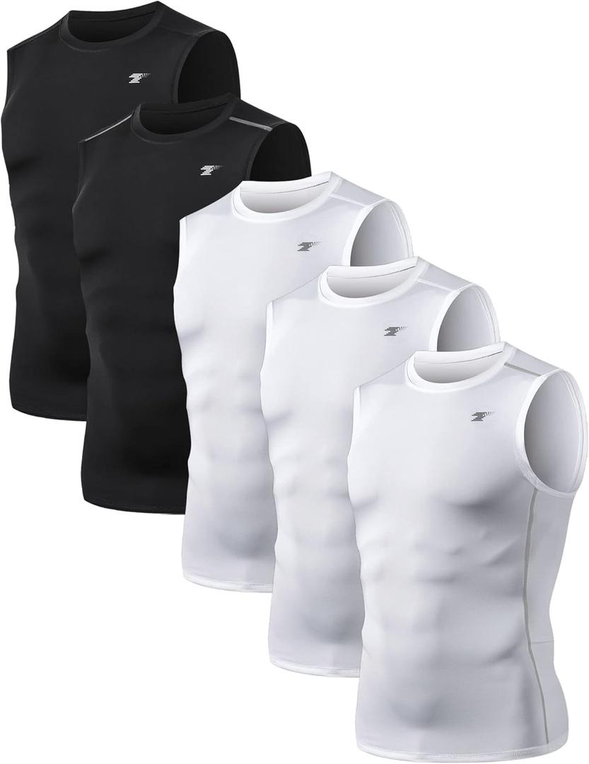 TELALEO 5 Pack Men's Athletic Compression Shirts Sleeveless Workout Tank Top Sports Base Layer Running Basketball (Large, Black/White(five Pack))