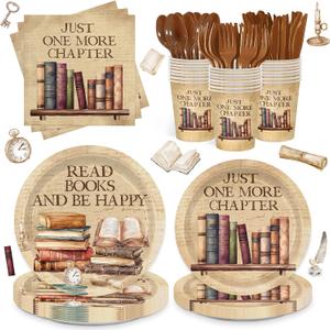 168pcs Vintage Book Party Plates Napkins Party Book Club Theme Birthday Supplies Library Reading Tableware Set Paper Cups Disposable Forks for Birthday Party Supplies Serve 24