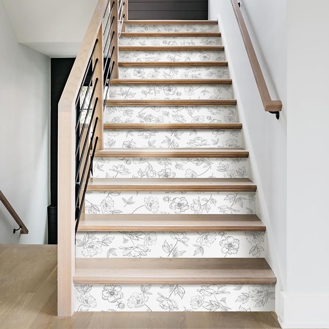 15Pcs Leather Textured Vinyl Peel and Stick Stair Riser Decals, Self-Adhesive Staircase Riser Stickers, Sketch Floral with White Background, 39.37"x7.09"