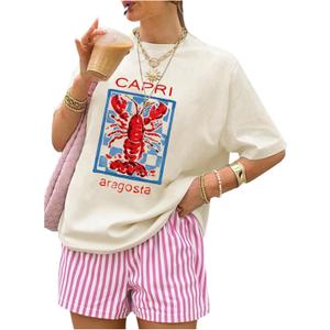 SweatyRocks Women's 2 Piece Outfits Summer Short Sets Lobster Graphic T Shirt and Striped Shorts (L)