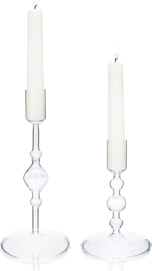 Tall Glass Taper Candle Holders 2 Set - Vintage Candlestick Holders for Taper Candles for Table Elegant Centerpiece Weddings Decor Christmas Events Holidays Dinner Party Clear