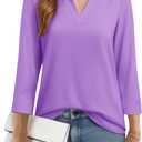 YUCOLEN 3/4 Sleeve Tunic Tops for Women V Neck Collared Shirts Chiffon Work Blouses Dressy Casual S-XXL (Purple, L)