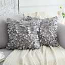 uxcell 3D Leaf Sequin Throw Pillow Covers 18x18 Inch Soft Satin Square Pillowcases with Hidden Zipper, Set of 2 for Sofa Bedroom Office Outdoor Decor Grey