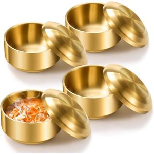 Reallnaive 4 Sets 12 oz Stainless Steel Korean Soup Rice Bowl with Lid for Cereal Kitchen Restaurant Double-walled Anti Scalding Metal Bowls for Soup Salad Noodles Insulated (Gold)