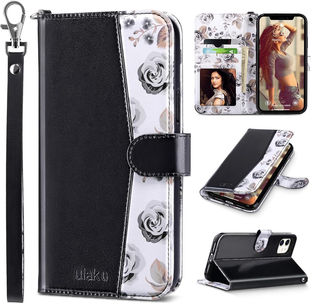 ULAK Compatible with iPhone 11 Wallet Case with Card Holder, Premium PU Leather Flip Cover with Kickstand Magnetic Closure, Shockproof Protective Phone Case for iPhone 11 6.1 Inch, Black Flower
