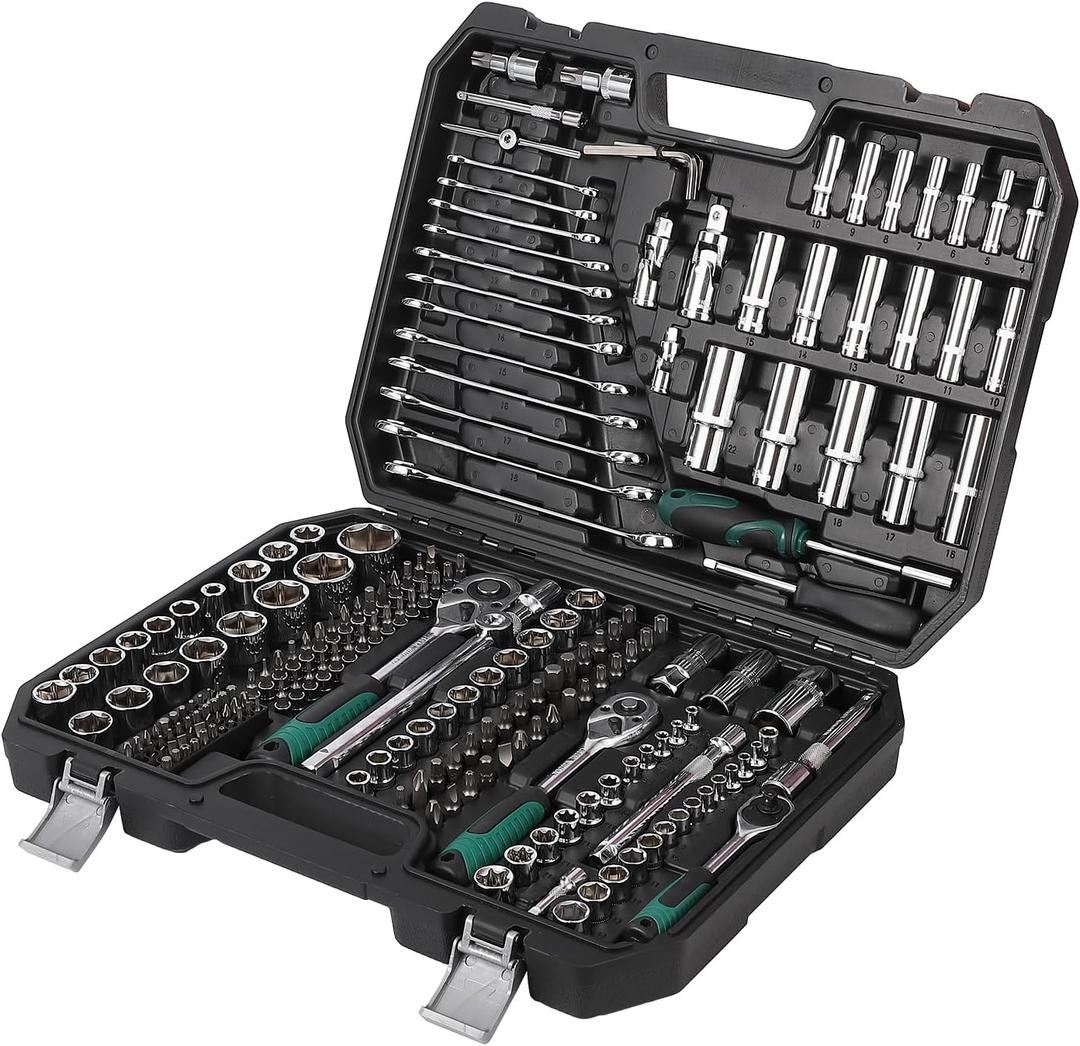 Mechanics Tools Kit and Socket Set 216 Piece, 1/2, 1/4, 3/8 Drive Sizes, Mechanic Tool Set