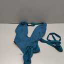 ZAFUL Women's One Piece Swimsuit Deep V Neck Ribbed Self Tie Sexy High Cut Bathing Suit Crisscross Back Swimwear (Medium, Peacock Blue)