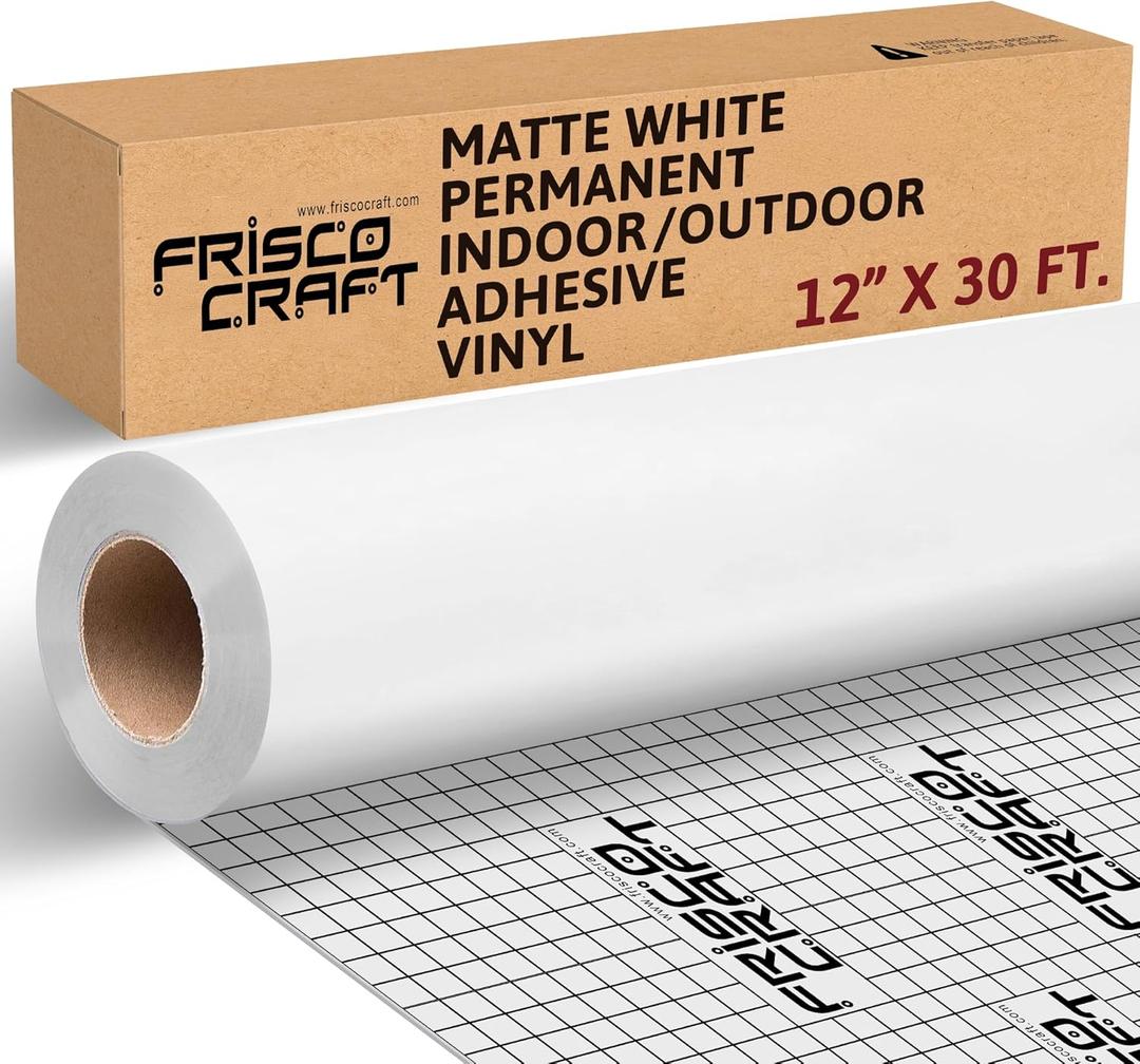 Frisco Craft Matte White Permanent Vinyl Roll - Permanent Outdoor Vinyl, Water & Weather-Resistant with Siliconized Backing - Adhesive White (12" x 30ft)