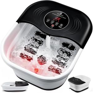 Collapsible Foot Spa with Heat, Bubble, Red Light & Temp Control - Foot Bath Massager with 8 Shiatsu Rollers, Pumice Stone & Timer, Portable Soaking Tub for Relaxation & Pain Relief - Gifts Ideas (Dark Black)