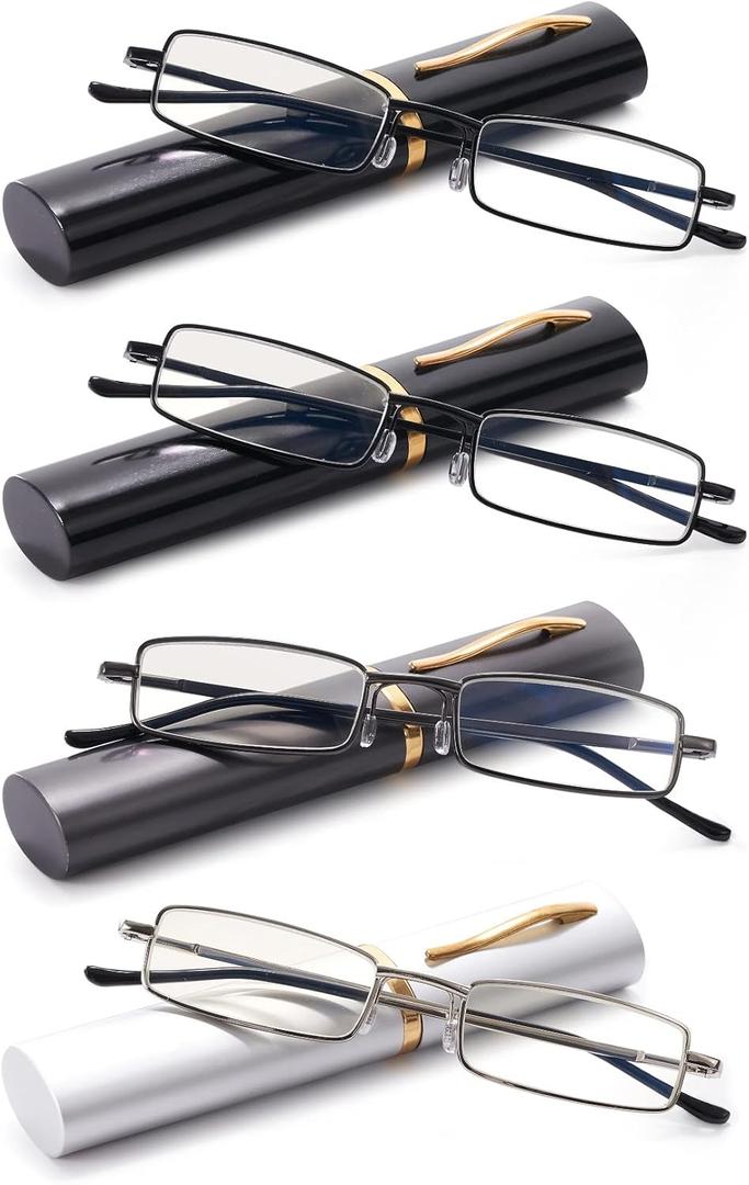 4PACK Reading Glasses Slim Pocket Readers Anti Blue Light with Portable Case for Men Women (2black,gunmetalsilver)