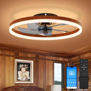VOLISUN Farmhouse Ceiling Fans with Lights and Remote, 19.7in Low Profile Ceiling Fan Flush Mount, 3000K-6500K Dimmable Bladeless Fandelier Ceiling Fans with Lights for Bedroom(Walnut)
