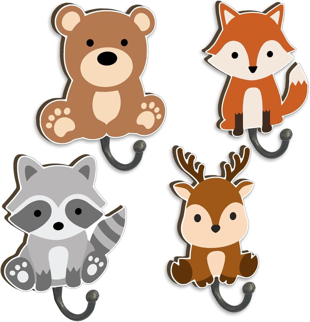Forest Animal Wall Hook Set of 4 - Bear, Raccoon, Fox and Deer Wooden Coat Rack, Wall-Mounted Towel Hooks for Boys and Girls Bedroom, Suitable for Bathroom Decor, Gift for Granddaughter