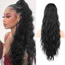Flufymooz Ponytail Extension, 26 Inch Drawstring Ponytail Hair Extensions for Women Long Curly Wavy Pony Tail Natural Wavy Synthetic Hairpiece for Women Daily Use party ((26 Inch Natural Black)