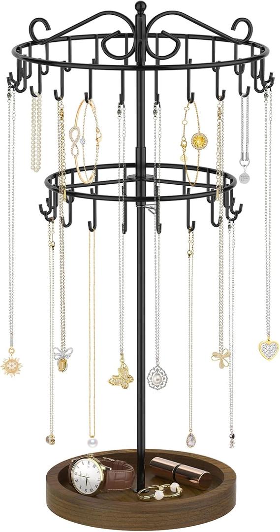iDavosic.ly 2 Tier Rotating Necklace Holder Organizer with Wooden Jewelry Tray, Adjustable Metal Bracelet Display Stand with 42 Hooks, Extra Tall Keychain Spinning Tree Tower for Women, Black
