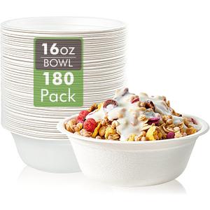 Vplus 180 Pack 16 OZ Paper Bowls, Disposable Compostable Bulk, Eco- Friendly Bagasse, Heavy-duty Bowls Perfect for Milk Cereals, Snacks, Salads