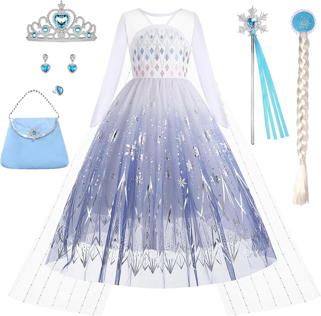 Princess Dress for Girls Snow Queen Costume Toddler Fancy Dress up Outfit Halloween Birthday Party White (5-6 Years)