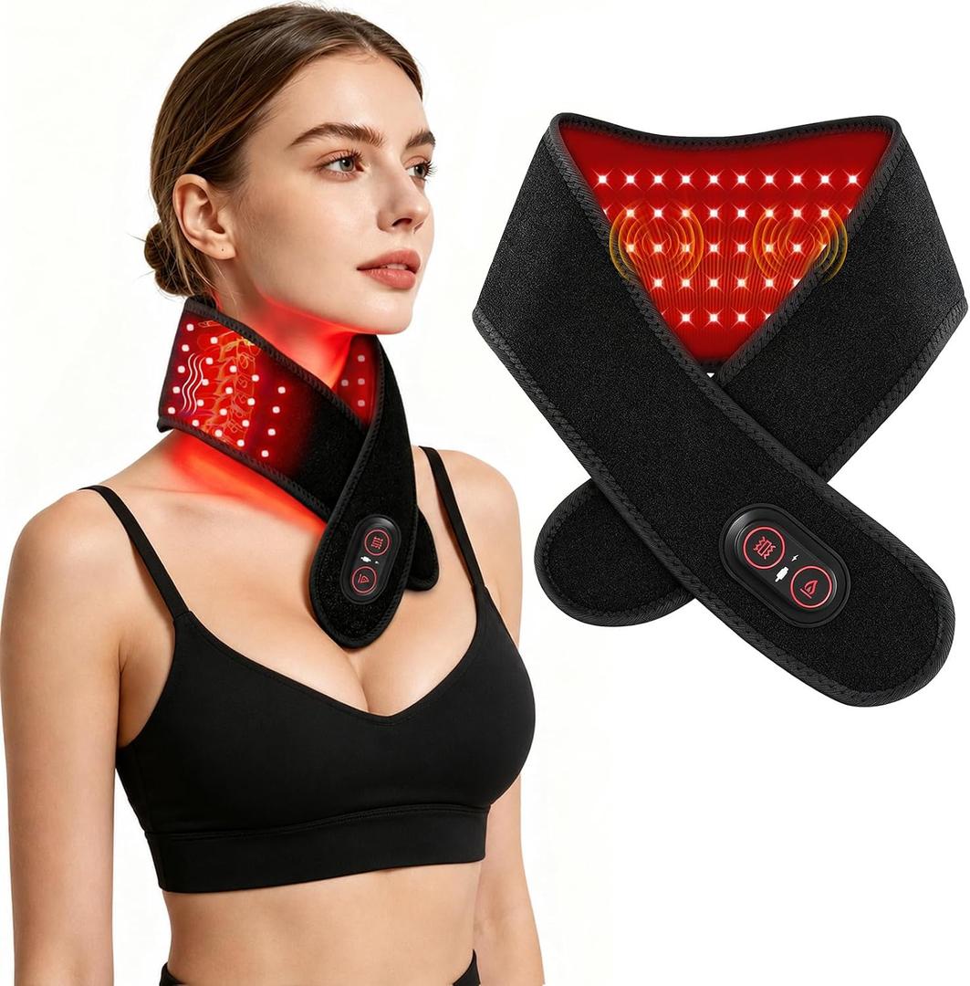 Red Light Therapy for Neck and Shoulders, Cordless Neck Heating Pad with Vibration, 660nm & 850nm Dual-Wavelength Light Wrap, Rechargeable Heated Neck Massager Belt for Shoulder, Arm, Knee and Leg