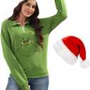 New Pullover Ugly Christmas Sweaters Cartoon Character Green Monster Print Unisex Sweatshirt with Christmas Hat (Large, B)