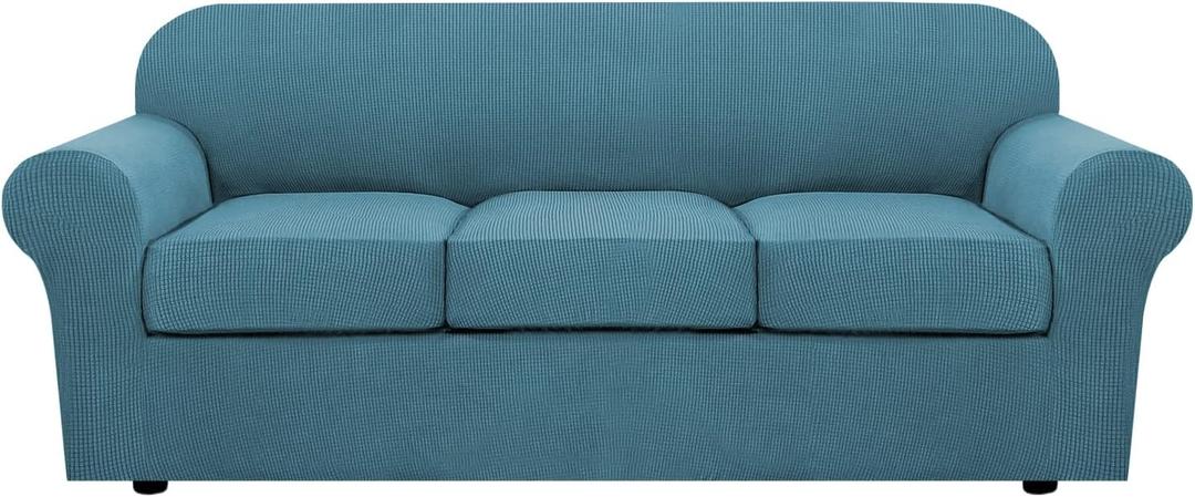 H.VERSAILTEX 4 Piece Stretch Sofa Covers for 3 Cushion Couch Covers for Living Room Furniture Slipcovers (Base Cover Plus 3 Seat Cushion Covers) Upgraded Thicker Jacquard Fabric (Sofa, Storm Blue) (Large)