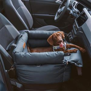 FUNNYFUZZY Leather Dog Car Seat for Small  Medium Sized Dogs Up to 35lbs, Waterproof and Washable Dog Booster Seat Car Bed for Travel and Home,Portable and Safety(Blue)