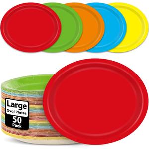 Qyeahkj 50 PCS Colorful Oval Paper Plates 11" Large Colorful Rainbow Party Supplies,5 Classic Colors Disposable Platter for BBQ Gathering Picnic Burger Cookout Tray Dinner Carnival Birthday Tableware