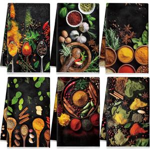 Breling Set of 6 Colorful Spices Kitchen Towel Set Microfiber Dish Towels Decorative Absorbent Hand Tea Towels for Kitchen Bathroom Home Cooking Baking Herb Coffee Bar Rustic Towel Gifts, 14 x 21 Inch (Multicolor)