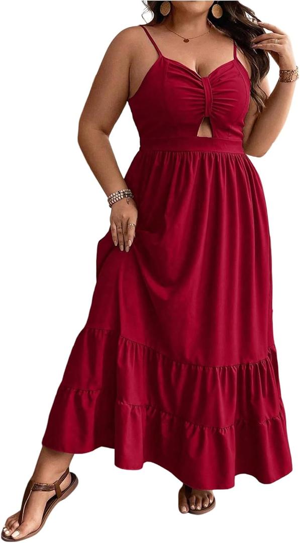 Floerns Women's Plus Size Cut Out Ruched Bust Shirred Back Ruffle Hem Strap Cami Maxi Dress (3X-Large Plus) Floerns Women's Plus Size Cut Out Ruched Bust Shirred Back Ruffle Hem Strap Cami Maxi Dress (3X-Large Plus)