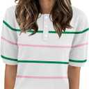 AKEWEI Sweaters for Women Crew Neck Short Sleeve Tops Knit Button Down Shirts Pullover Sweater (White, L)