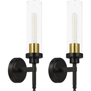 Wall Sconces Set of Two, Modern Bathroom Sconces with Clear Glass, Hardwired Sconces Wall Decor Set of 2, Wall Lights for Living Room Mirror Bedroom Hallway Kitchen (Gold and Black)